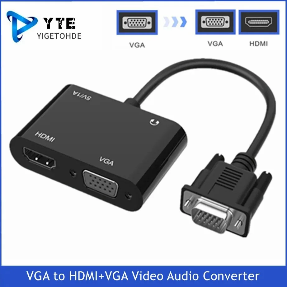 

YIGETOHDE VGA to HDMI+VGA Adapter Splitter With 3.5Mm Video Audio Converter Support Dual Display For PC Projector TV Multi-Port