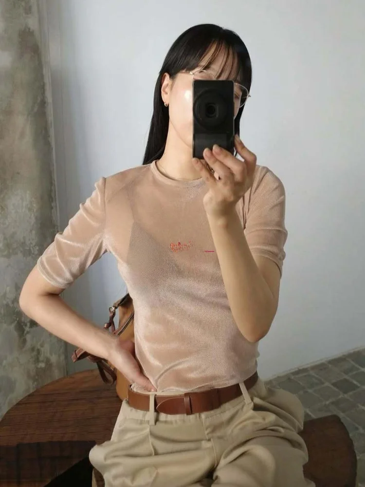 

Футболка C1ane с коротким рукавом из вельвета, на молнии сзади, с подплечниками, дышащая, летняя, повседневная, женская, модная, с круглым вырезом