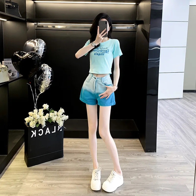 

Casual Suit Two-piece Set Trendy Fashion Short Sleeves Foreign Style Looking Thin Summer Denim Korean Version Slim Age Reduction