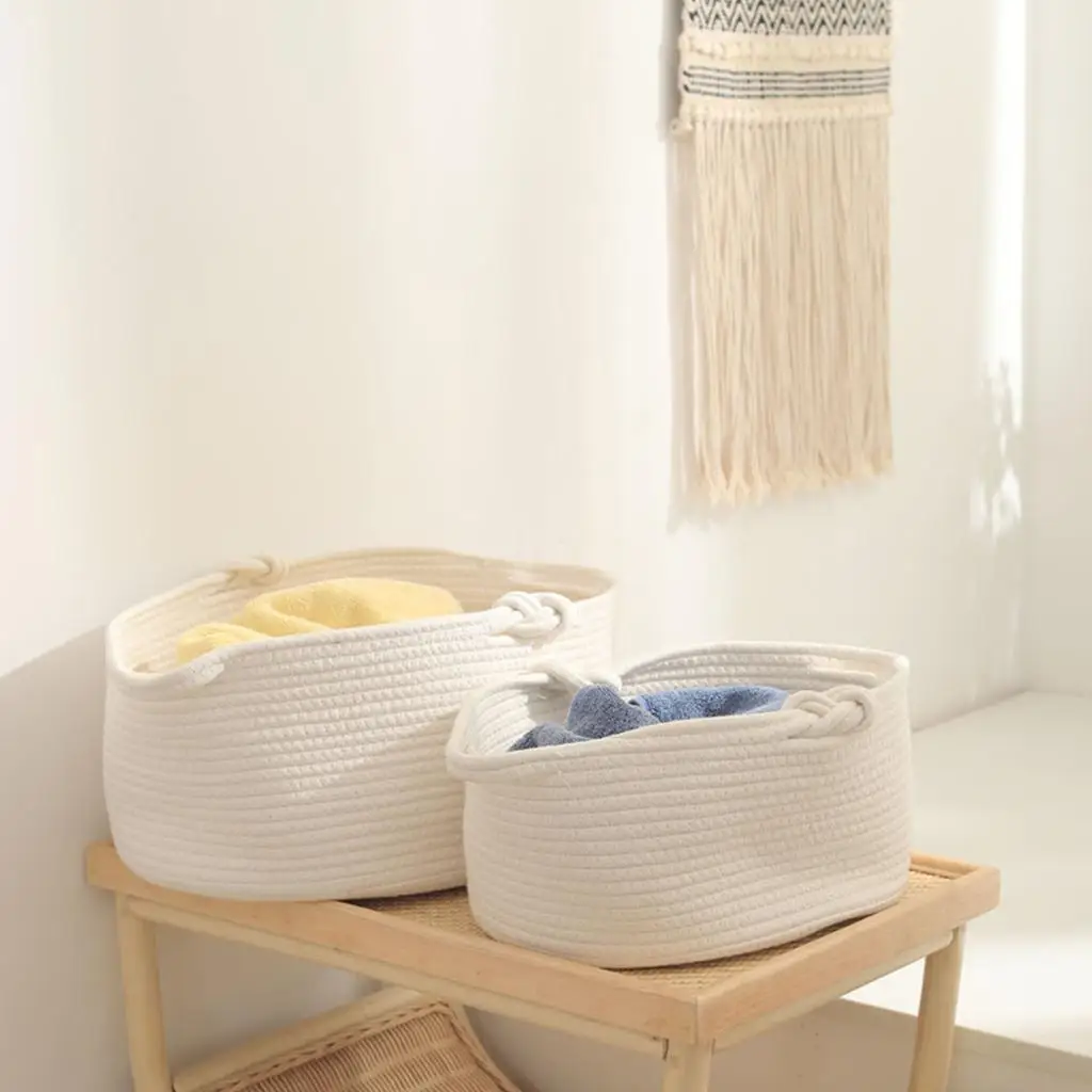 Oval Cotton Rope Woven Basket with Handles Storage Organizer for Books Magazines Shelf