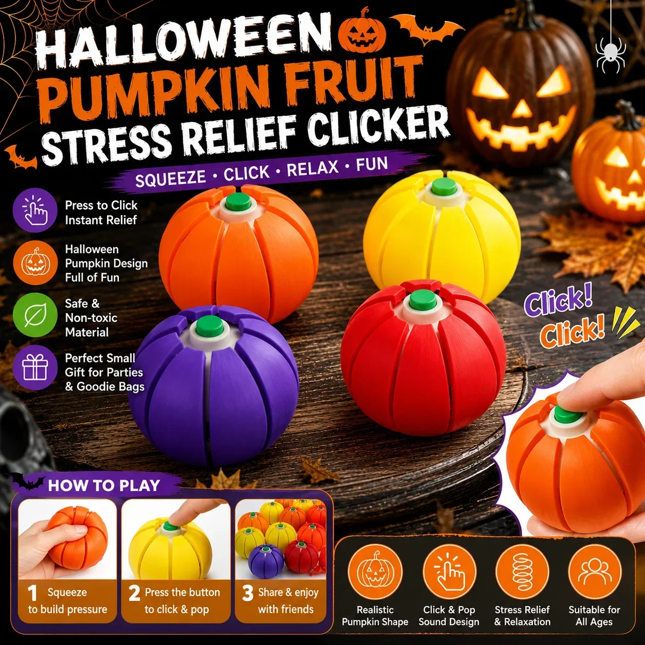 3pcs Halloween Rotatable Pumpkin Click Fidget Toy Press Button Sensory Stress Relief Ball Portable Desk Toy For Student