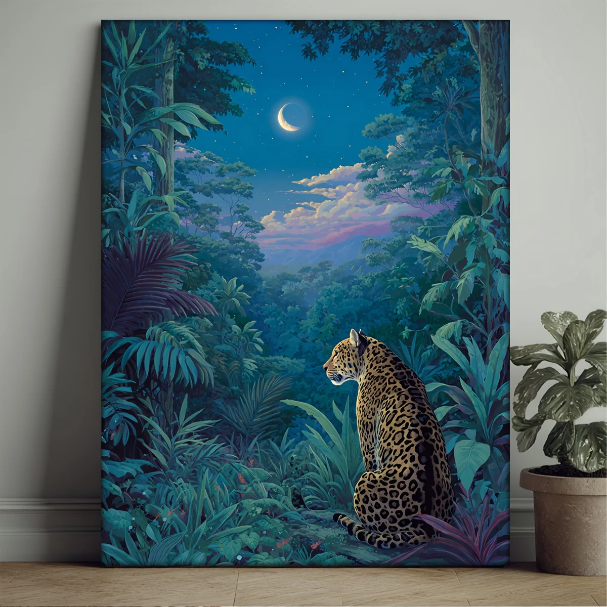 (No frame)1pc Framed Manga-Style Leopard Under Moonlight Canvas Art - 12x16inch Majestic Big Cat Wall Poster Suitable for, Of