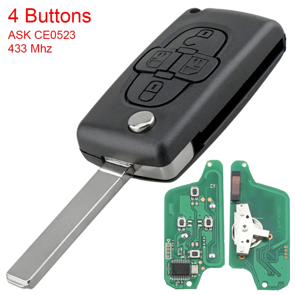 

ASK 433Mhz 4 Buttons ID46 Chip and VA2 Blade CE0523 Flip Folding Remote Key Fob Fit for Peugeot 1007 Citroen C8 ;l';o'9