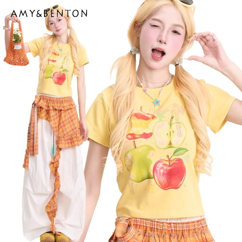 

Japanese Summer New Yellow Fruit Print Women's Short-sleeved T-shirt Loose Thin Versatile Age-reducing Wide-leg Trousers Ladies