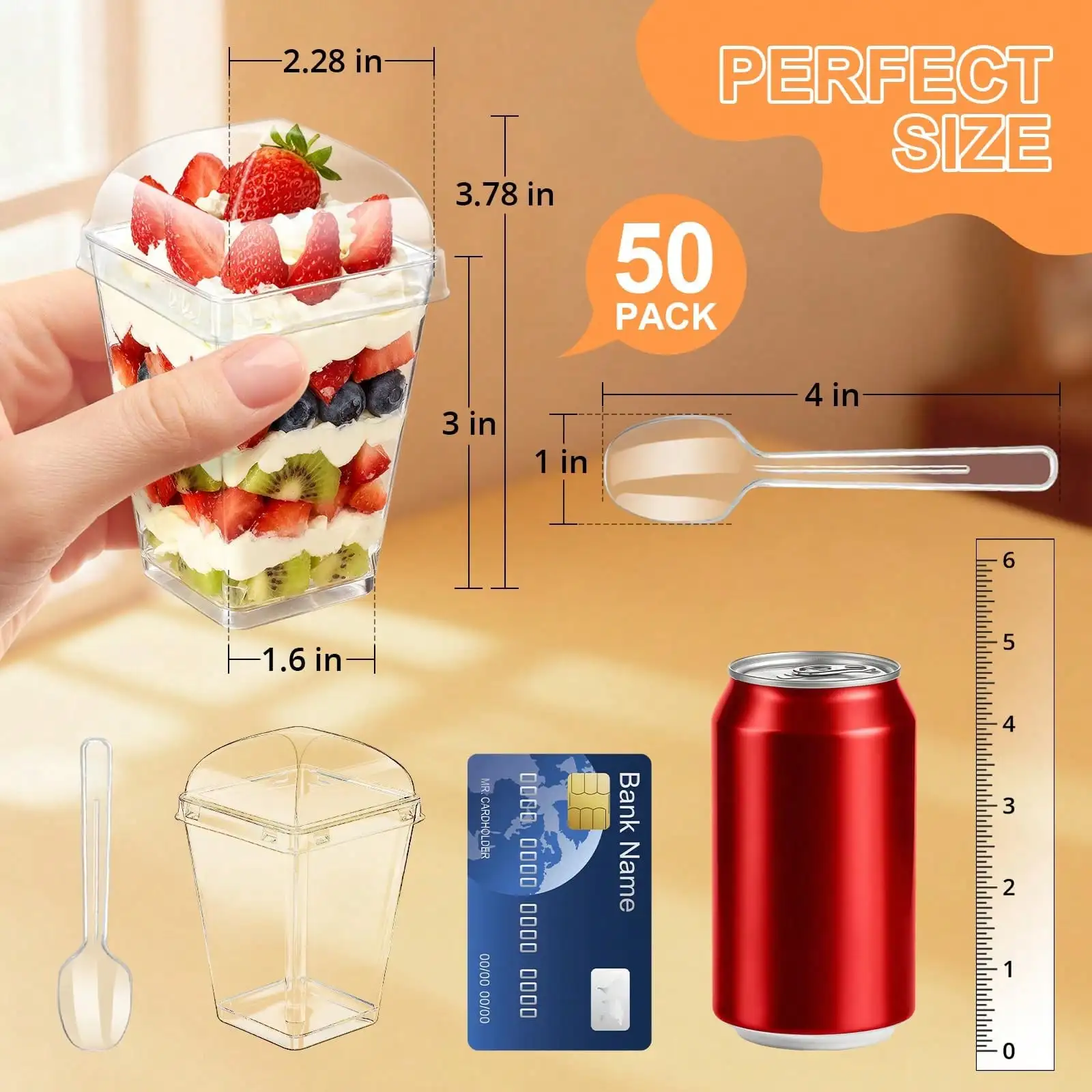 50 Pack 5oz Dessert Cups With Lids And Spoons, Clear Small Yogurt Parfait Cups With Lids, Mini Dessert Shooter Cups, Square Party Appetizer Cups, Fruit, Pudding, Trifle Ice Cream