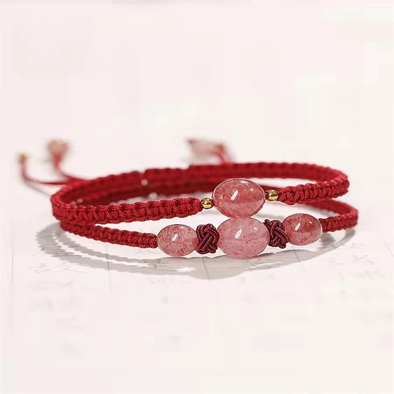 

Peach Blossom Luck Pink Strawberry Quartz Handmade Braided New Chinese Style Bracelet Gift Jewelry for Women