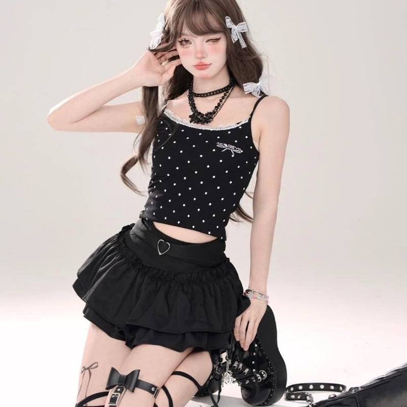 Y2k Aesthetic Solid Color Sweet Skirt Women Clothing Ruffles A-line Cute Jupe Harajuku Grunge Love Decorative Summer Mini Skirts