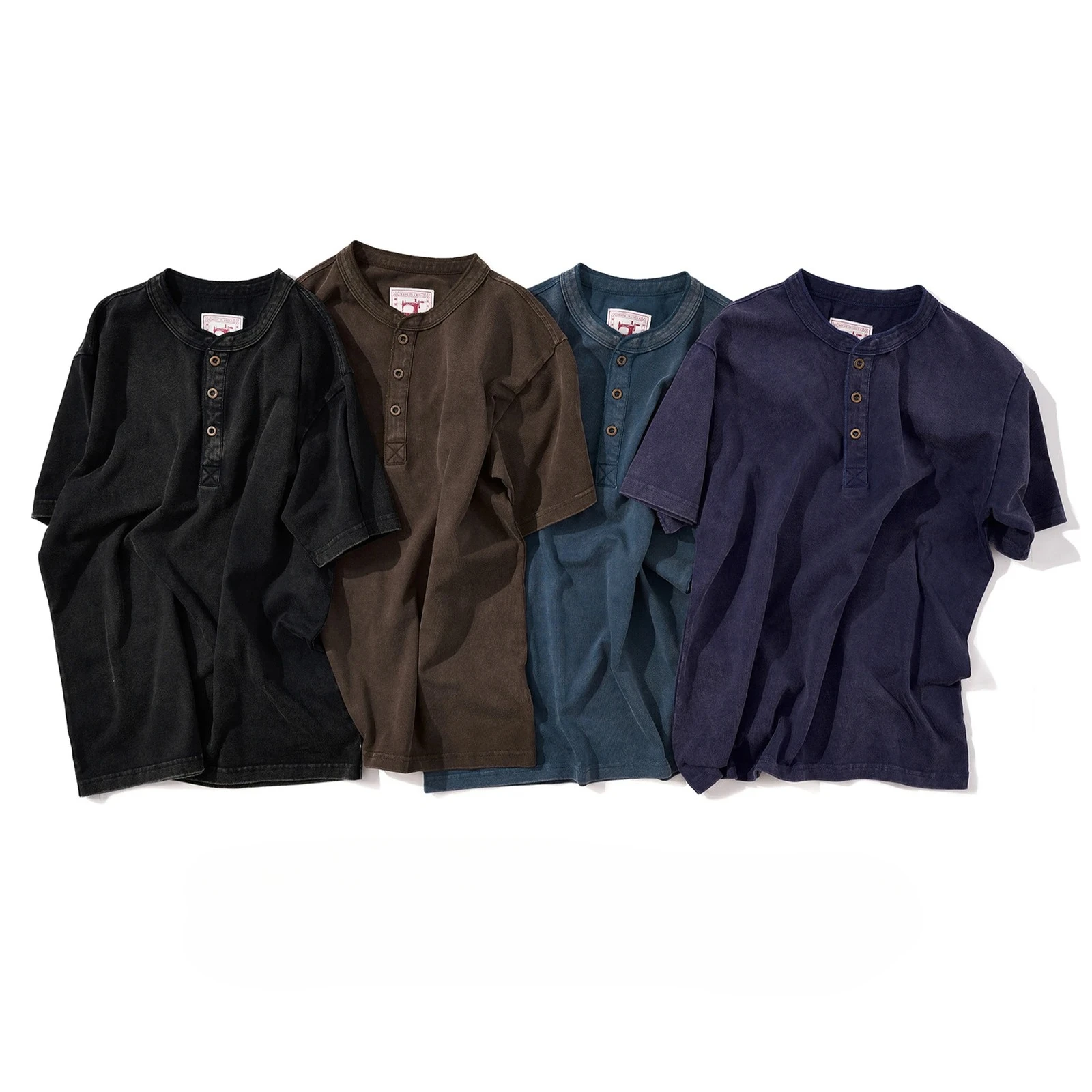 Vintage Style Henry Shirt Men's Short Sleeved T-shirt, Henry Collar Bottom Shirt