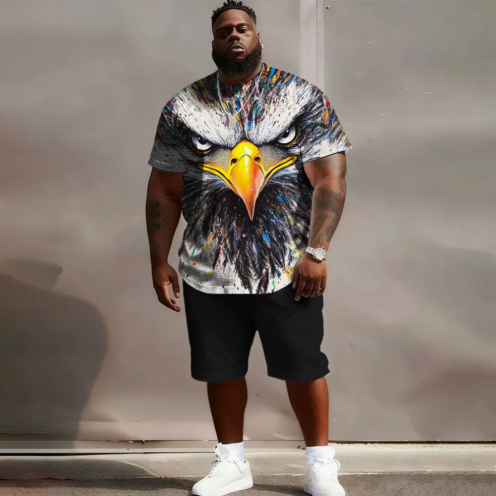 

S-9xl plus size Men's Short Sleeve Set: Eagle-Chic Vibe - 2-Piece Big & Tall Fit, Soft Breathable Fabric,