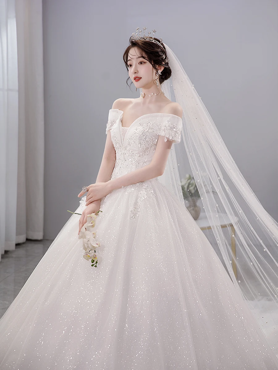 2023 semplice ed elegante abito da sposa scollo a barca con spalle scoperte abito da sposa in pizzo con paillettes Vestido De Noiva Plus Size realizzato su misura