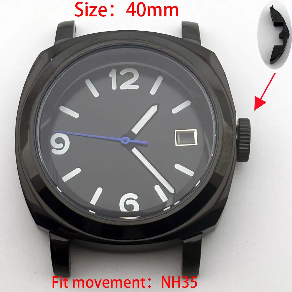 

Черный корпус 40 мм из нержавеющей стали 316L, сапфировое стекло, подходит для механизмов NH35 и NH36, циферблат, стрелки, C3, зеленый люминесцентный эффект.