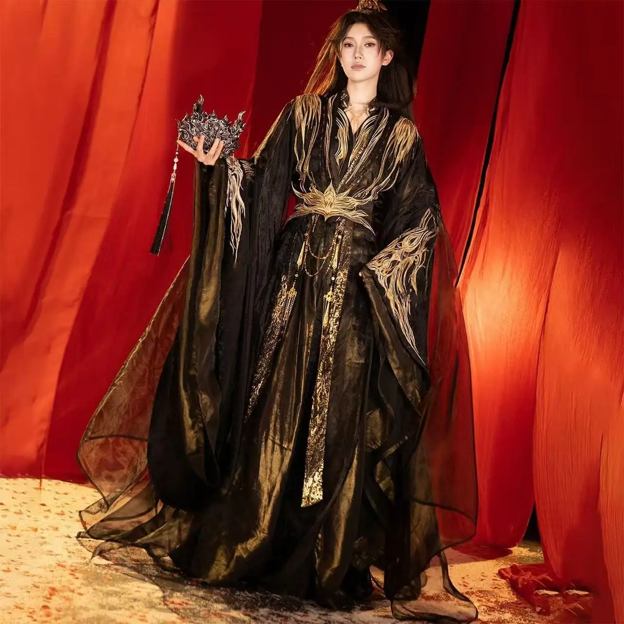 

Collectible Black Gold Hanfu Men Women Traditional Chinese Embroidery Clothing Carnival Event Cosplay Costume Male Hanfu