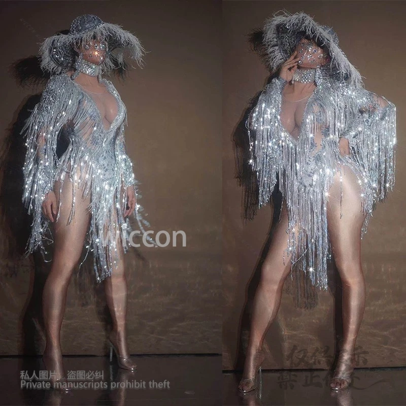 

silver flash long fringe sequins tight-fitting dress singer's costume Cosplay Costume celebration evening dress stage Halloween