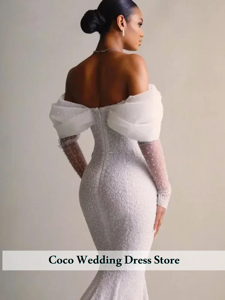 맞춤형 머메이드 탈부착 가능 2 in 1 웨딩드레스 레이스 스팽글 트레인 V넥 긴팔 빈티지 신부 드레스 베스티도 데 노비아