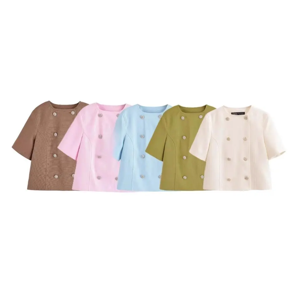 

Women's Casual Double-Breasted Jacket Short-Sleeved Elegant Top for Autumn Winter European American Fashion