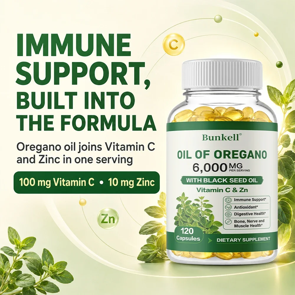 Oil of Oregano Supplement, Support Immune Digestion Health, Gut Balance, with Black Seed Oil, Vitamins C & Zinc, Non-GMO