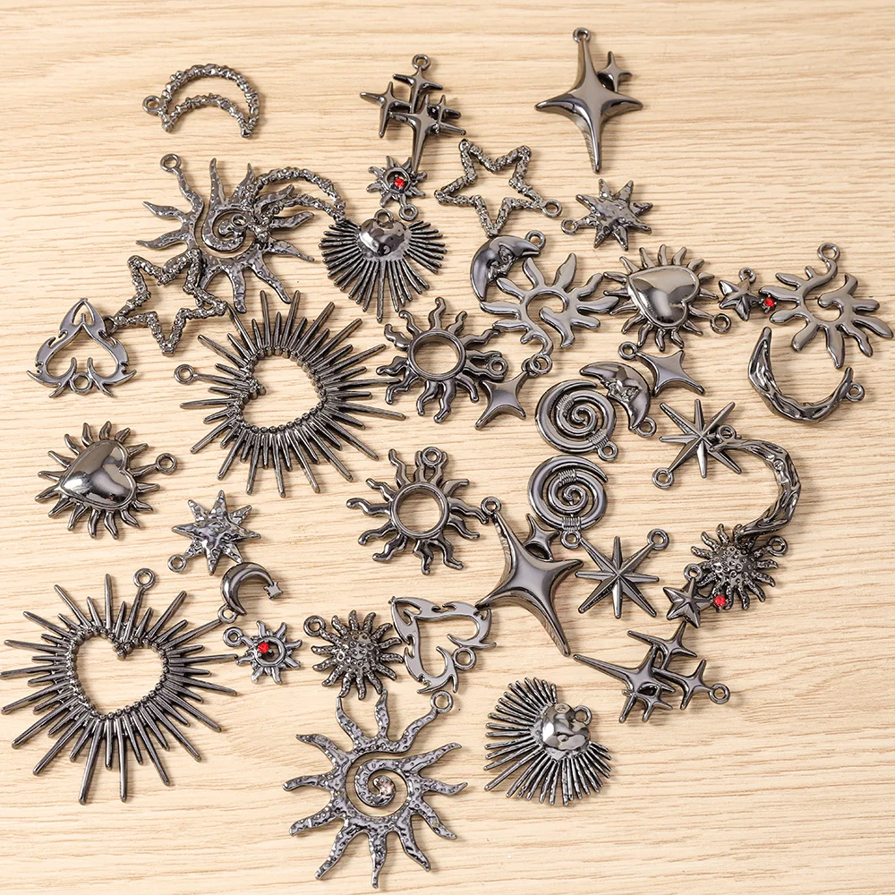 Tusember 5 Stück Hip-Hop Gun Black Sonne Mond Stern Herz Anhänger für Halsketten, Ohrringe, Armbänder, Schmuckherstellung, Bastelzubehör – Detail 3