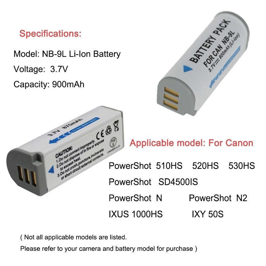 NB-9L NB9L Battery for Canon PowerShot N, N2, SD4500 IS,  ELPH 510HS, 520HS, 530HS, IXY 50S Camera Batteries NB 9L