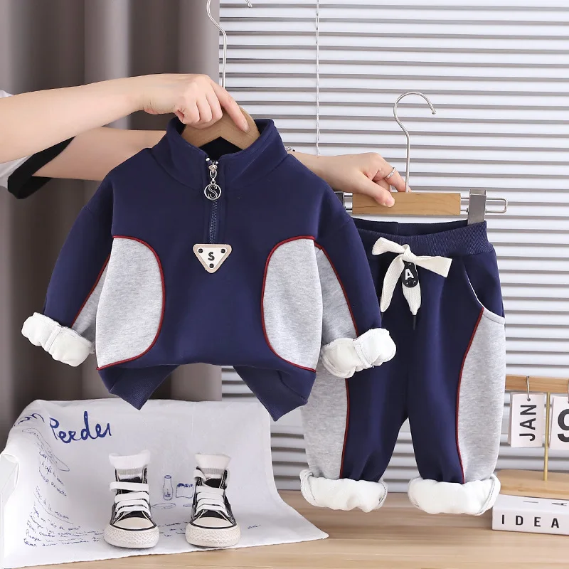 Winter Boy's Warm Set New Kids' Stand-Up Collar Half-Zip Tops Two-Piece Outfit Children's Clothing Girls Sweatshirts Pants