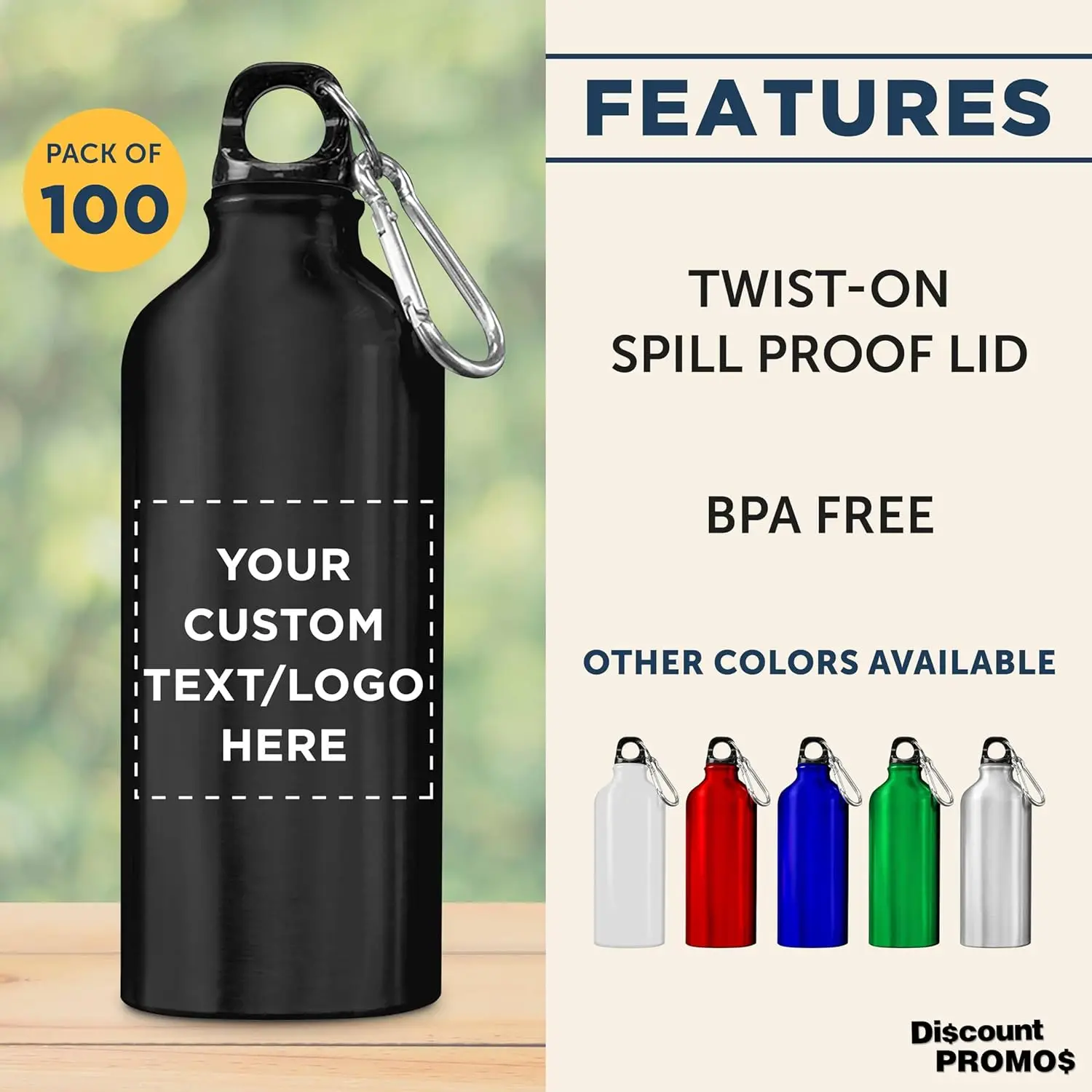 PROMOS Custom Aluminum Water Bottles 20 oz. Set of 100, Personalized Bulk Pack - Perfect for Gym, Hiking, and Any Indoor/Outdoor