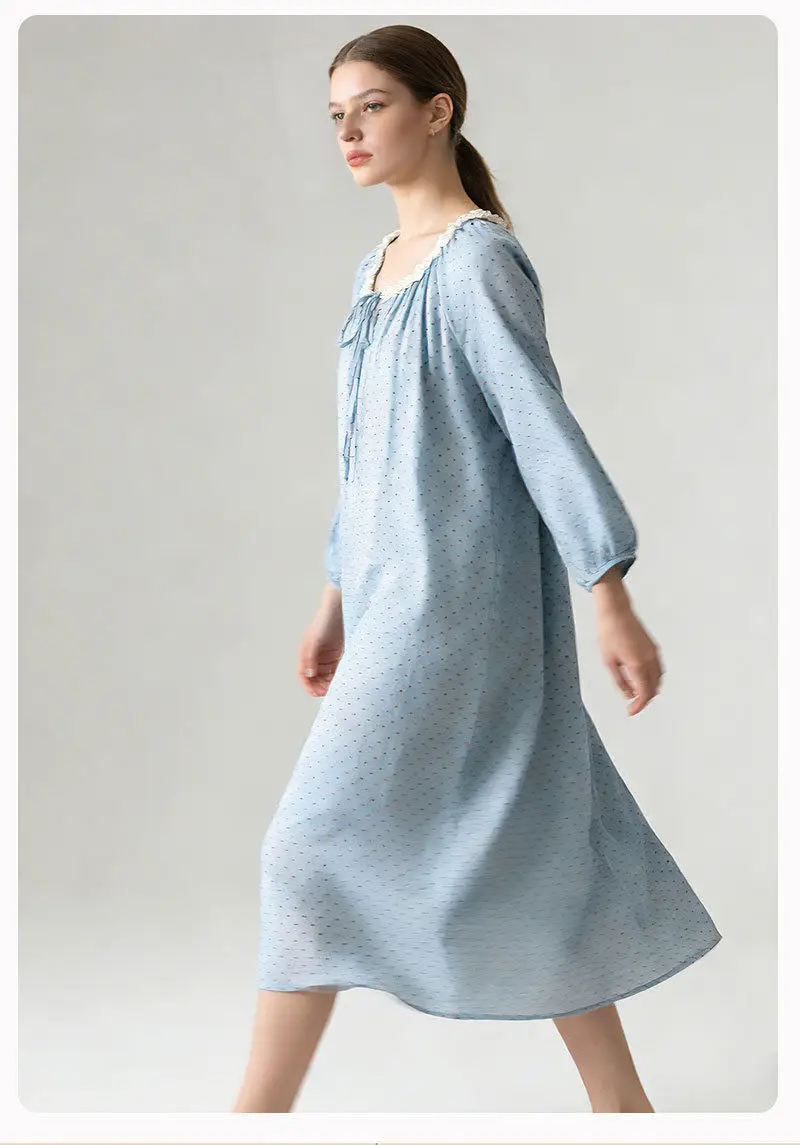 Summer Polka Dot Blue Cotton Nightgown Round Neck Women's Home Wear Loose Thin Sleepwear Dress Night Wear 5