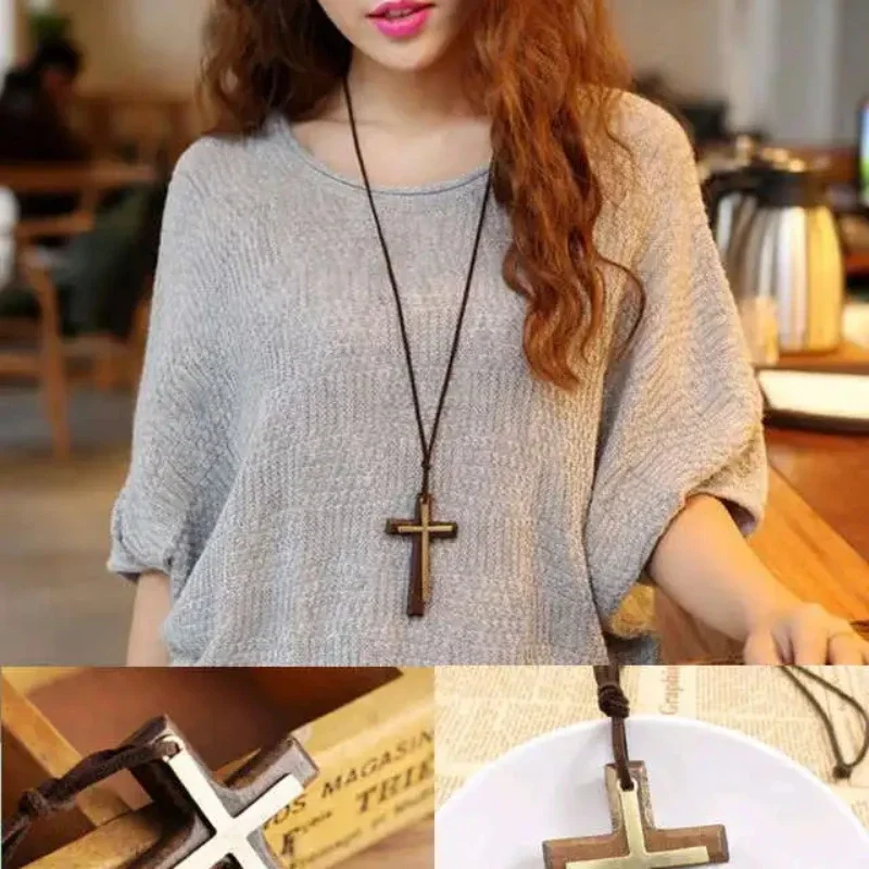 Cross Crucifix Wood Pendant Necklaces for Men Woman Black Brown Sweater Chain 90cm Rope Cord  Religious Unisex Jewelry