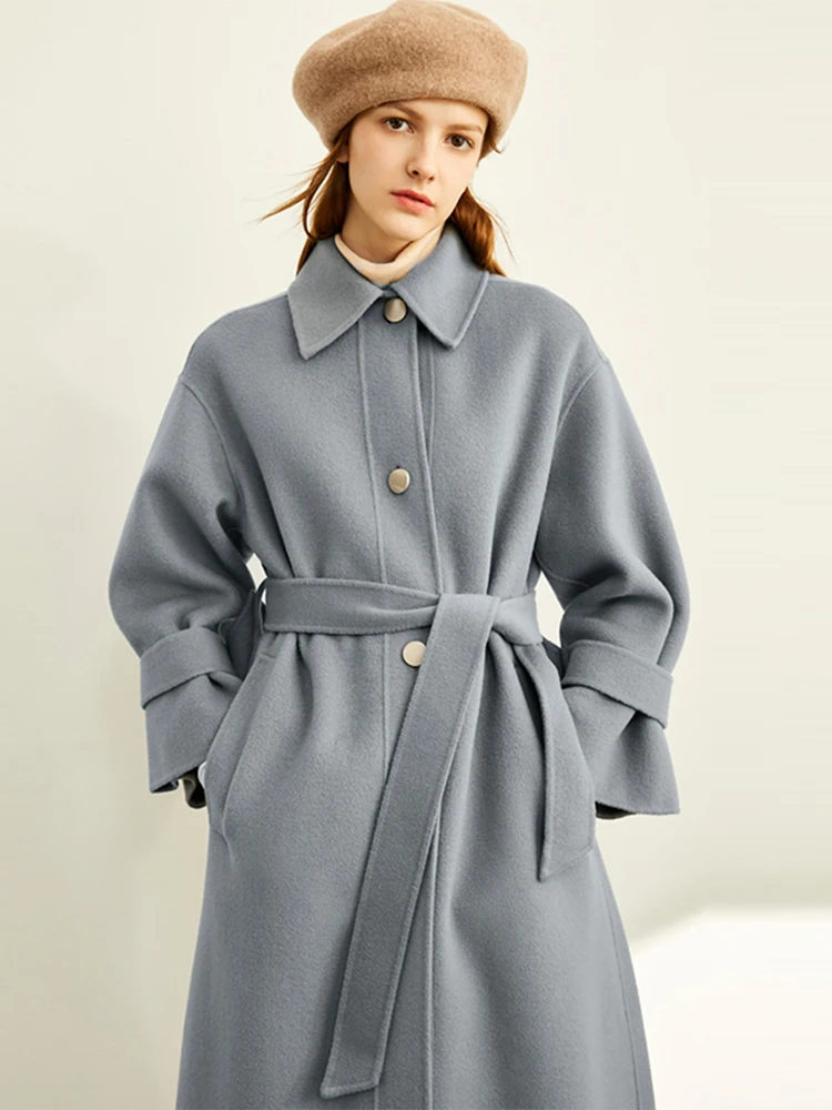 Amii Winter Women Fashion Double Woolen Coat  Elegant Lapel Solid Loose with Belt Female Long Jackets Overcoat 11920244