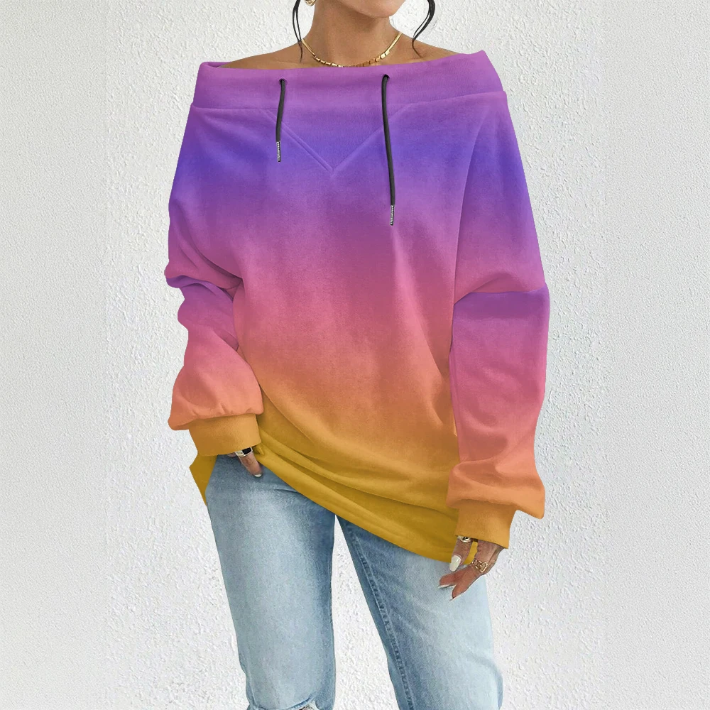 

Толстовка с открытыми плечами и радужным градиентом, повседневный удобный пуловер большого размера, свободный крой, модный топ с длинными рукавами Y2K