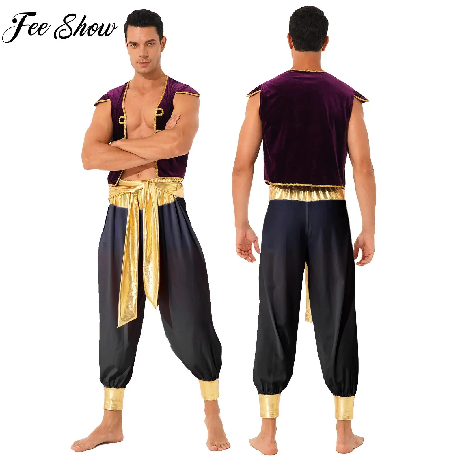 

Mens Arabian Prince Captain Carnival Cosplay Performance Costume Cap Sleeve Vest Belted Bloomers Pants Set Halloween Dress Up