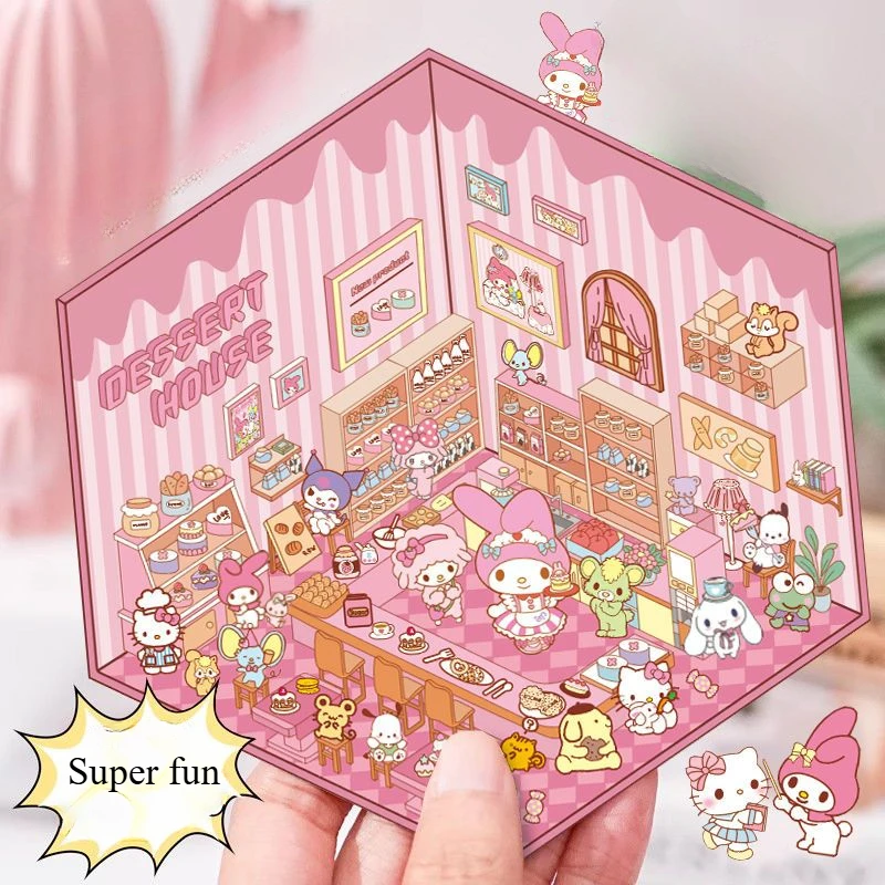 Sanrio Hello Kitty Kuromi Kuromi Kawaii 3D stereoskopik DIY miniatur pemandangan makanan penutup pondok mainan anak-anak stiker grosir