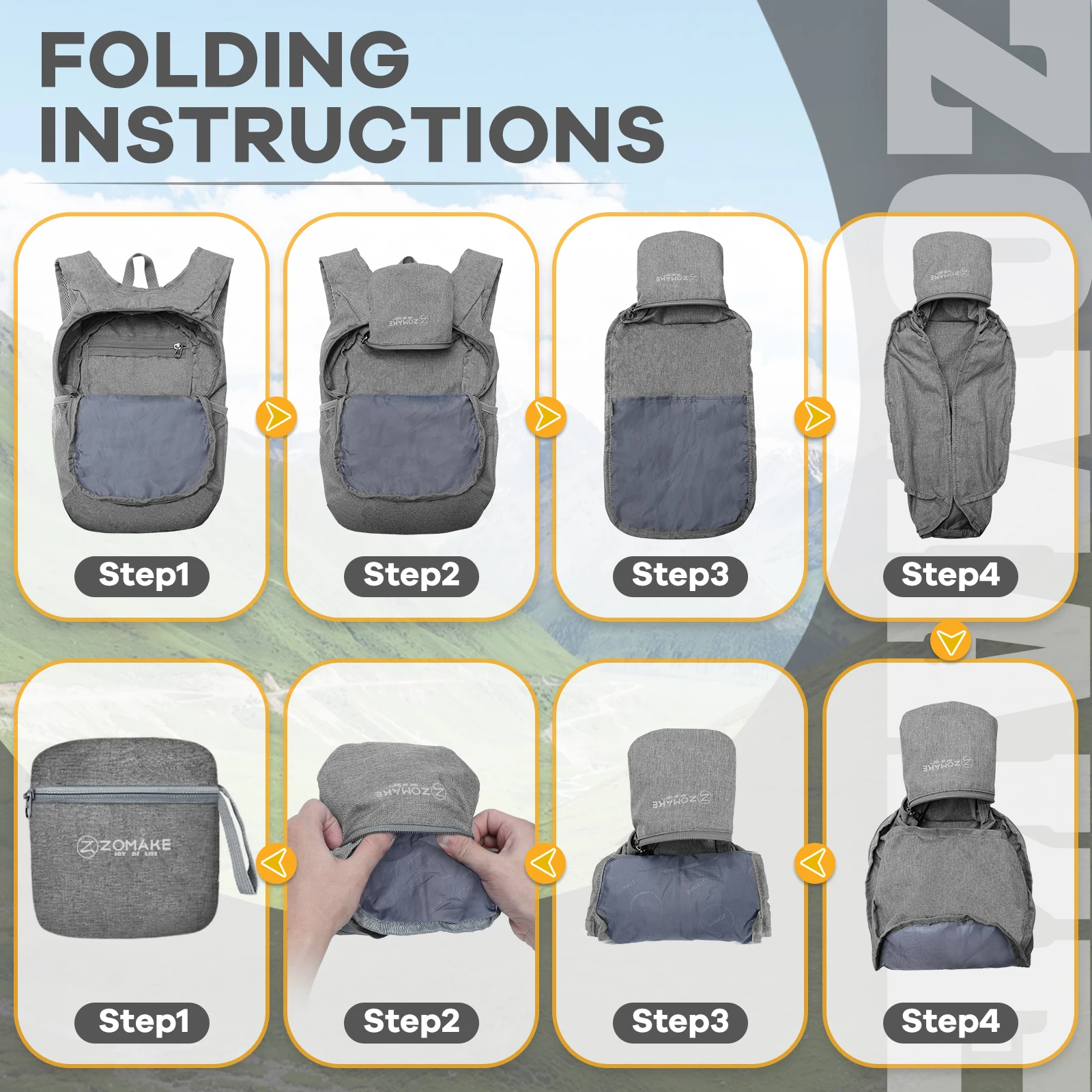 10L Foldable Waterproof Sports Grey Backpack for Outward Travel Neutral Design Outdoor Mountaineering Camping Day Bag