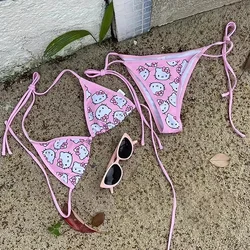 Sanrio Hello Kitty Kawaii Bikini Set Cute Cartoon Anime Summer Beach Soft Side Strappy Panties Kawaii Swimsuit Sexy Bikini Y2k