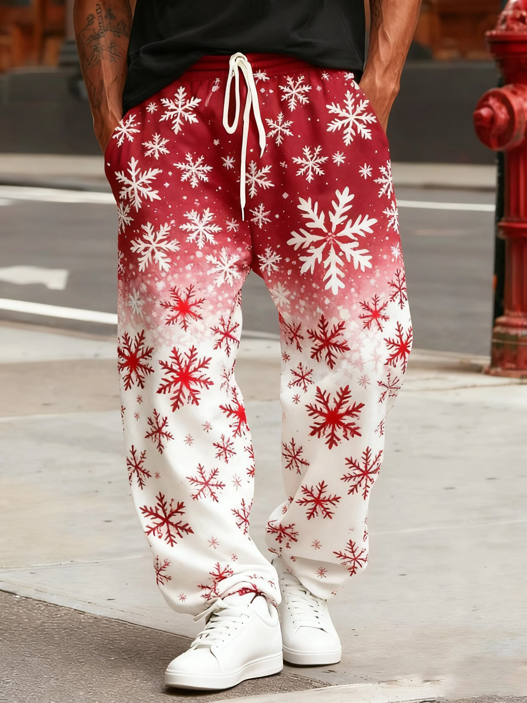 2026 Christmas Men Jogger Pants Snowflake Striped Print Drawstring Waist Holiday Casual Trousers Men's Clothing