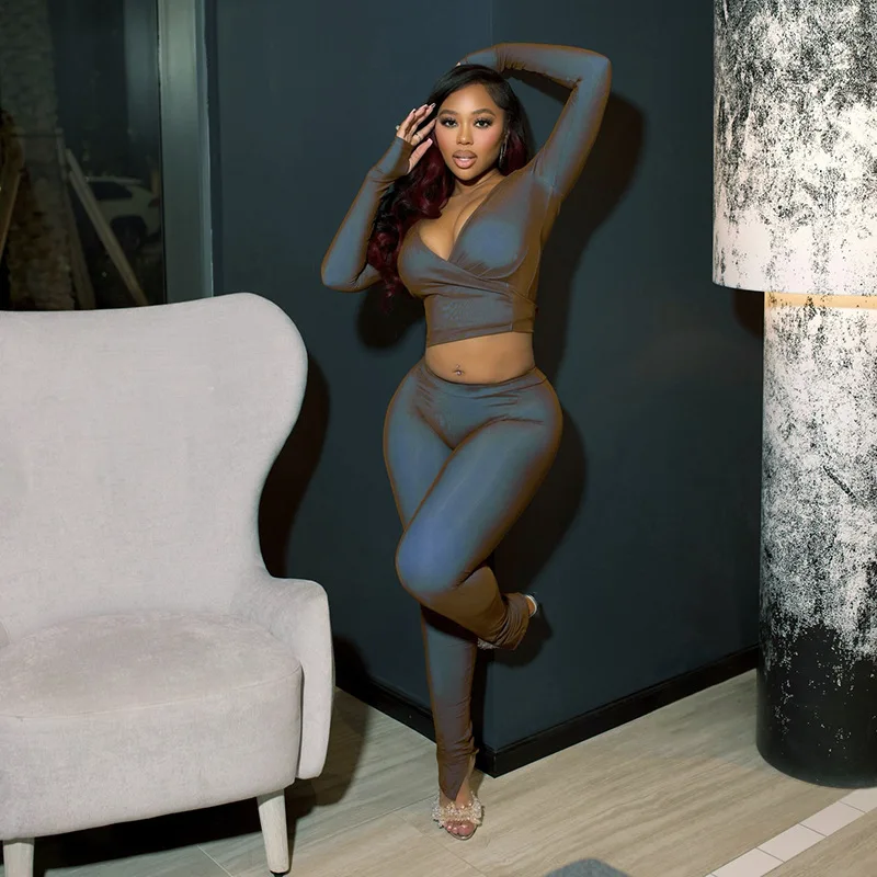 Mesh Layered Gradient Slim 2 Piece Set Women Sexy Wrap V-neck Full Sleeve Lace Up Crop Tops + Slit Skinny Pants Casual Suits