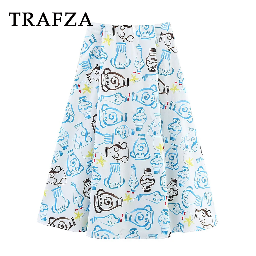 

TRAFZA Chic Print Cartoon Streetwear Woman Long Skirts Fashion 2025 Summer Holiday Beach Party Y2K Blue Pleated Midi Mujer Skirt