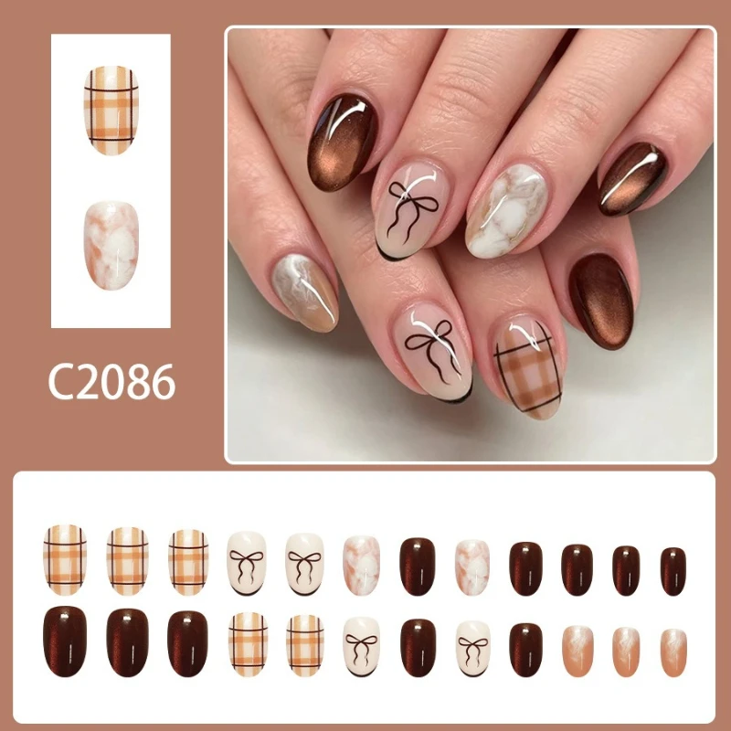 24pcs Press on Nails Fall Winter Checkered Bow Design Brown Ombré Short Oval Shaped False Nails Perfect for Girls Everyday Wear