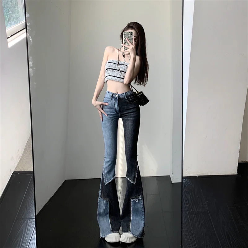 

Vintage Contrast Patchwork Flared Jeans Ladies Stretch High Waist Skinny Boot-Cut Trousers Mujer Fashion Denim Pants For Women