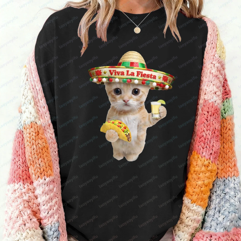 El Gato Viva La Fiesta Cat Eating Taco Tequila Shirt Funny Cinco De Mayo Kitten Cotton Tees Cute Mexican Party Sombrero Cat Tops