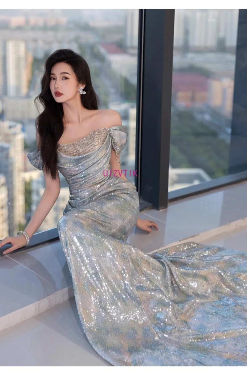 Вечернее платье Lnog с открытыми плечами, новинка 2025, элегантное платье для выпускного вечера с блестками, платье русалки с открытой спиной, вечерние, свадебные, торжественные, платья