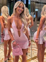 Vestido con parches de lentejuelas de gato extraño para mujer, vestido Sexy con escote en V profundo, dobladillo de retazos, elástico envuelto en el pecho, sin mangas, ropa para discoteca, ceñido al cuerpo para cumpleaños