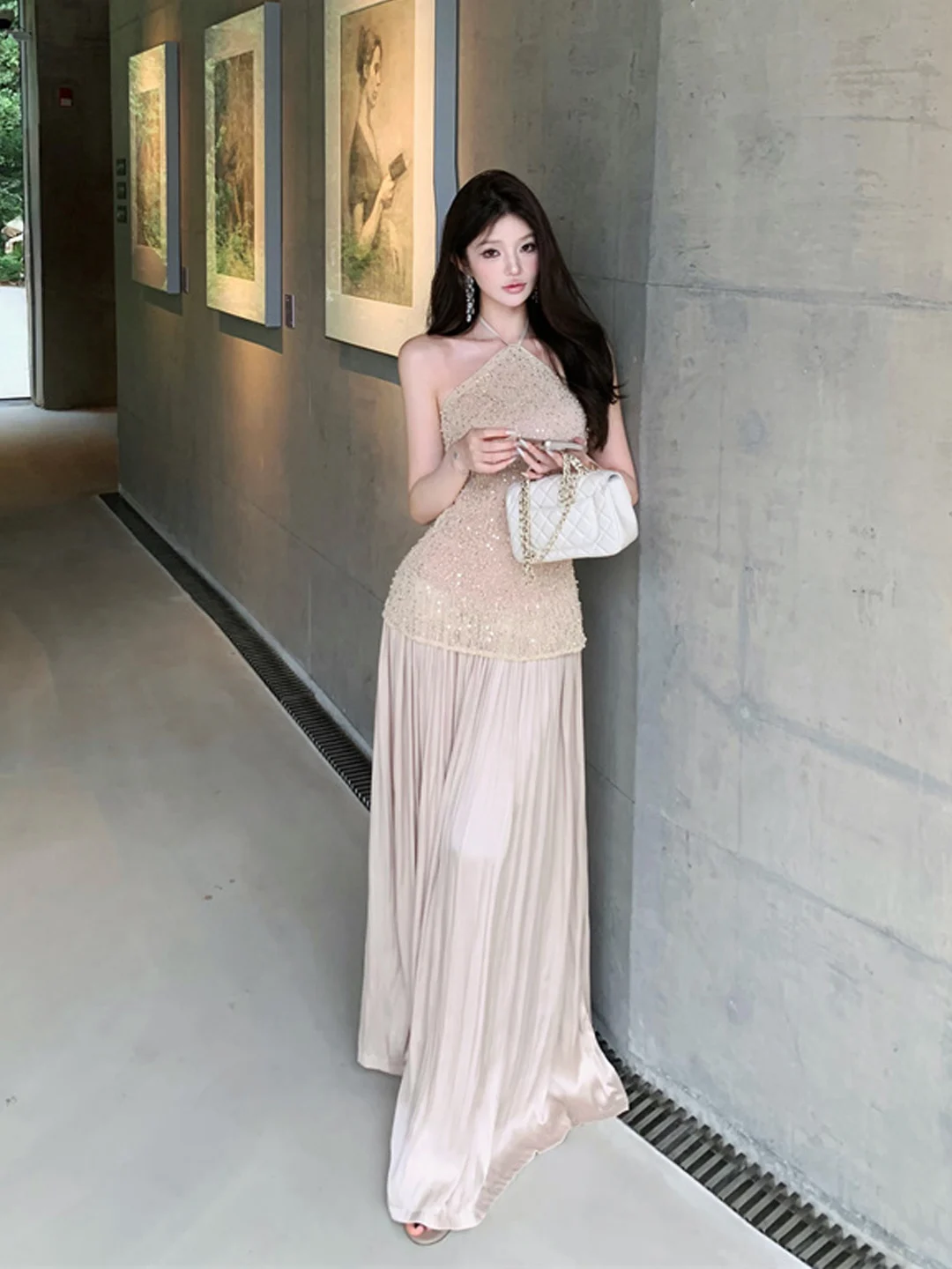 Bare Ba Ne Colgante Satén Noche Dr Francés Sle Color puro Cintura Una falda acampanada Transpirable Agradable para la piel Dr