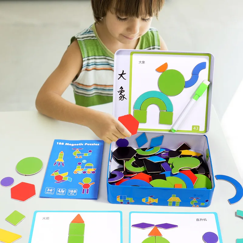 Tangram magnetico per bambini, educazione precoce, puzzle creativo in legno, giocattoli per giochi da tavolo per addestramento del pensiero per bambini