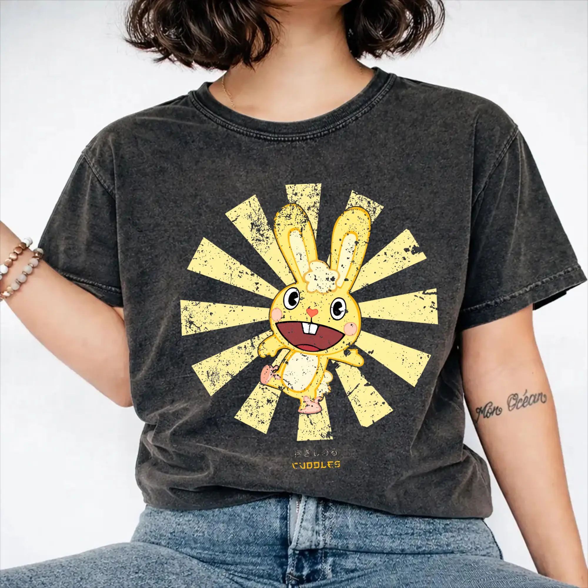 Cuddles Retro Japanese Happy Tree Friends  Washed T Shirt Streetwear Hip Hop Fashion T-Shirt  Tees for Men Women