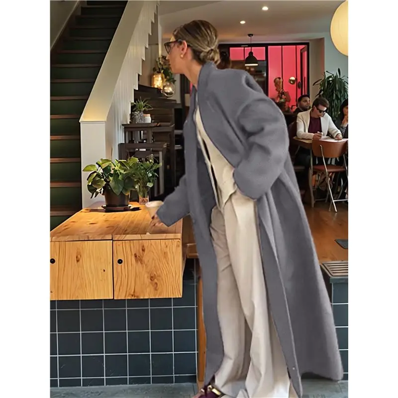 CYL-Women's Double Breasted Woolen Coat Lapel Collar Long Sleeve Female Outerwear Overcoat