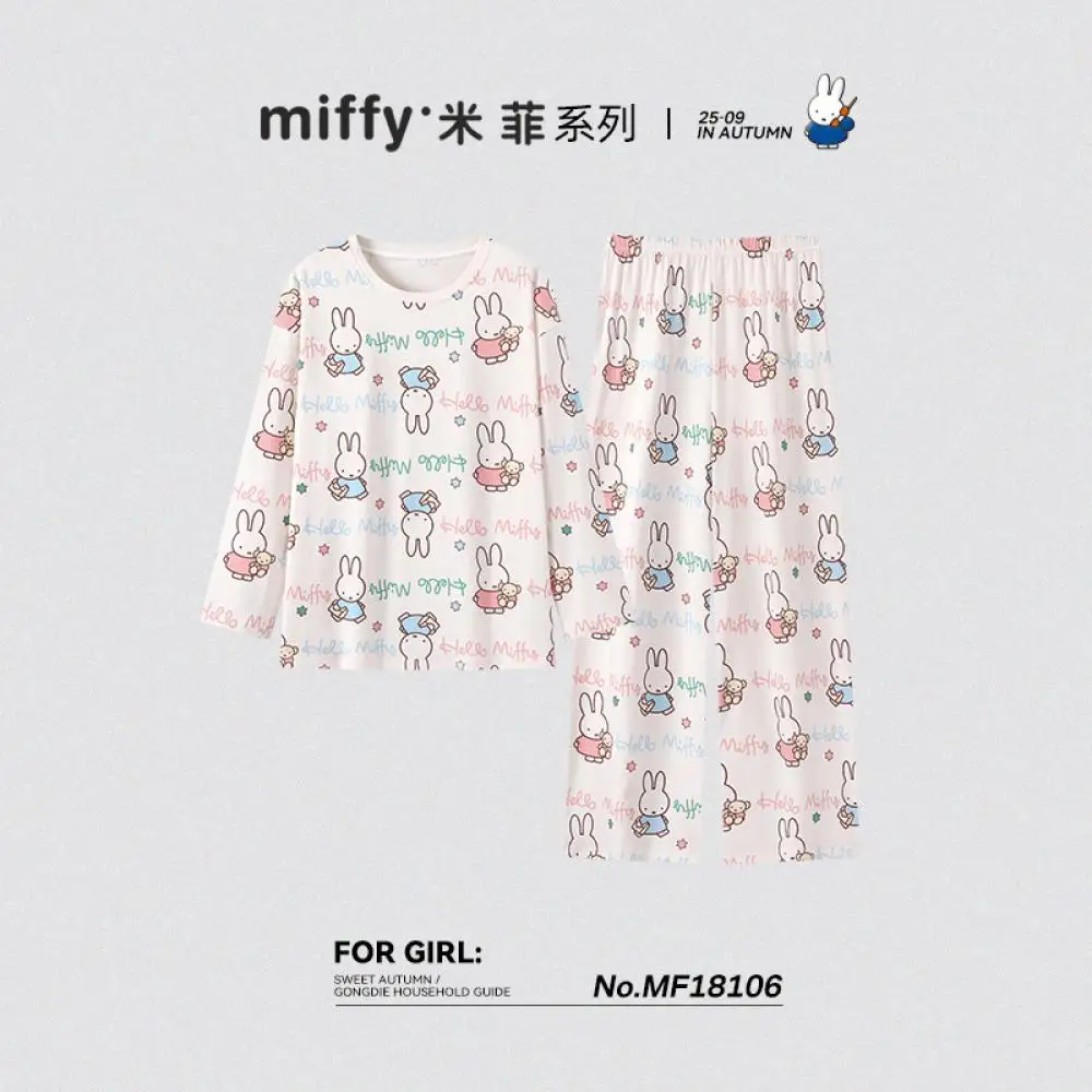

Miffy Pajamas Set White With Colorful Bunny Pattern Long Sleeve Sleepwear For Girls Cute Cartoon Loungewear Autumn Home Wear