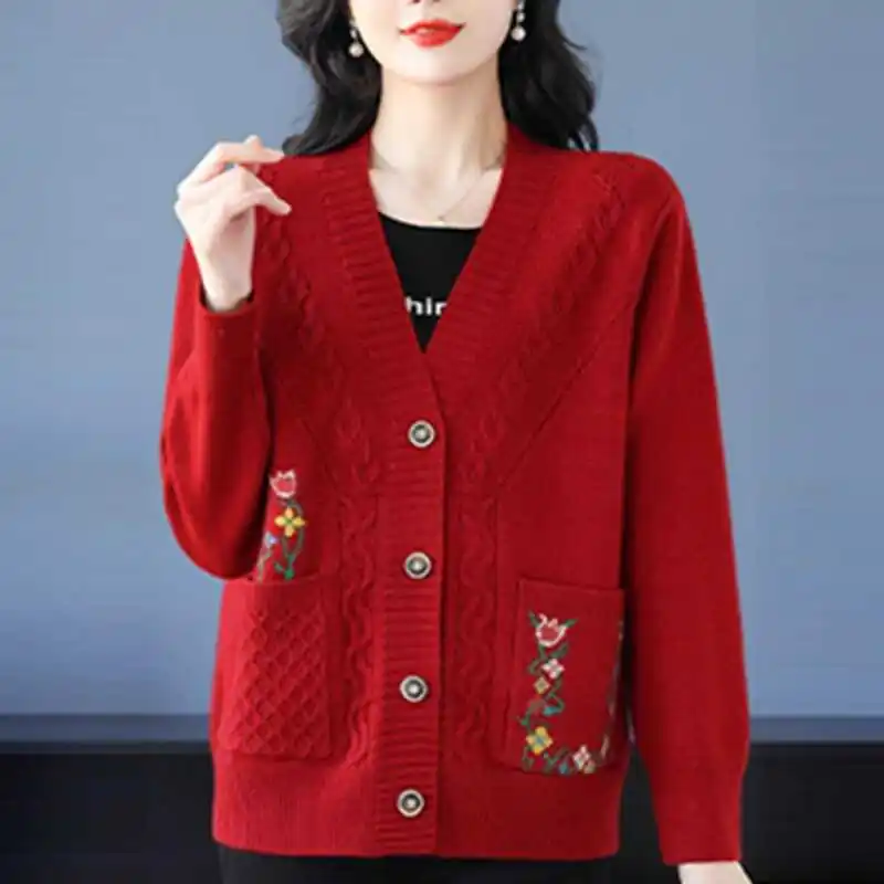 Embroidered V-neck Knitting Cardigan Coat Women Autumn Winter Elegant Temperament Sweater Trend All-match Casual Knitwear Tops