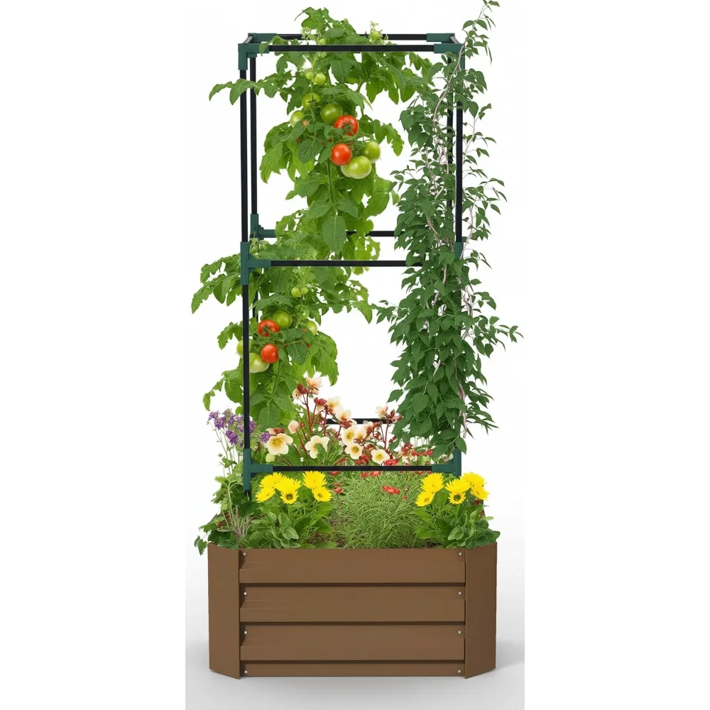 

55" Tall Galvanized Raised Garden Bed with Trellis, Open Bottom Planter Box for Vegetables Flowers in Backyard Patio