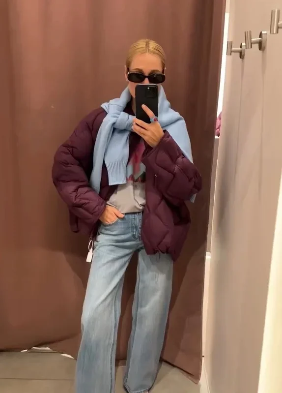 Solid Lightweight Quilted Warm Puffer Jacket Women Chic Crew Neck Zip Up Loose Cotton Padded Coat Winter Lady Daily Outfit 2026