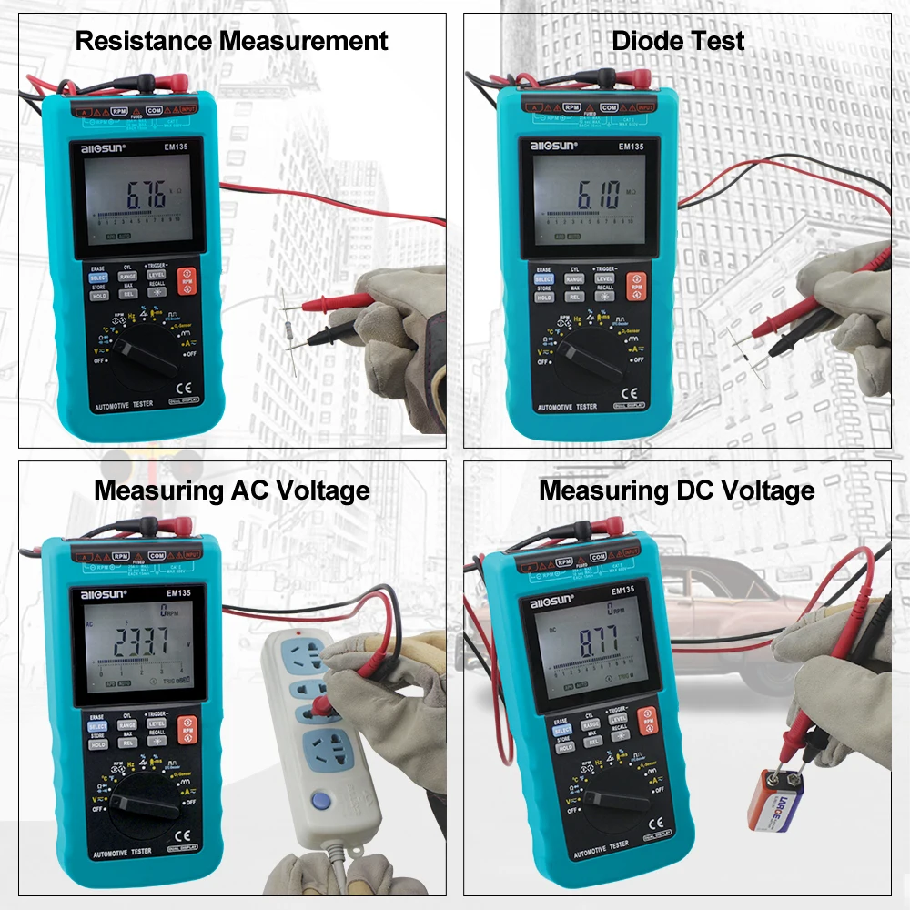 Digital Automotive Multimeter 20A ACA/DCA LCD Autorange Automotive Tester O2-sensor Temp.RPM Dwell Angle ALL SUN EM135 Modern