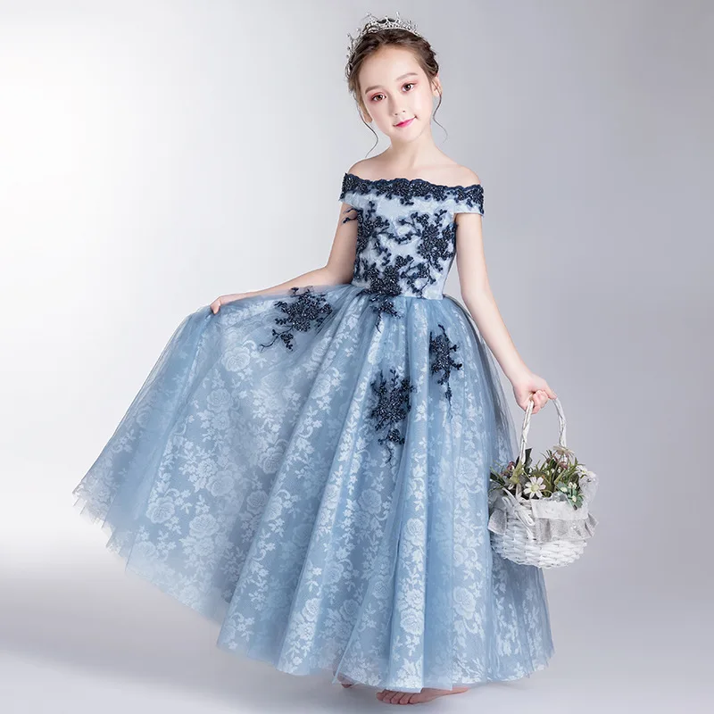 Child Girls Long Luxury Party Gowns 2023 Formal Kids Elegant Prom Evening Dresses 4 To 6 12 Years Child Cute Blue Princess Dress